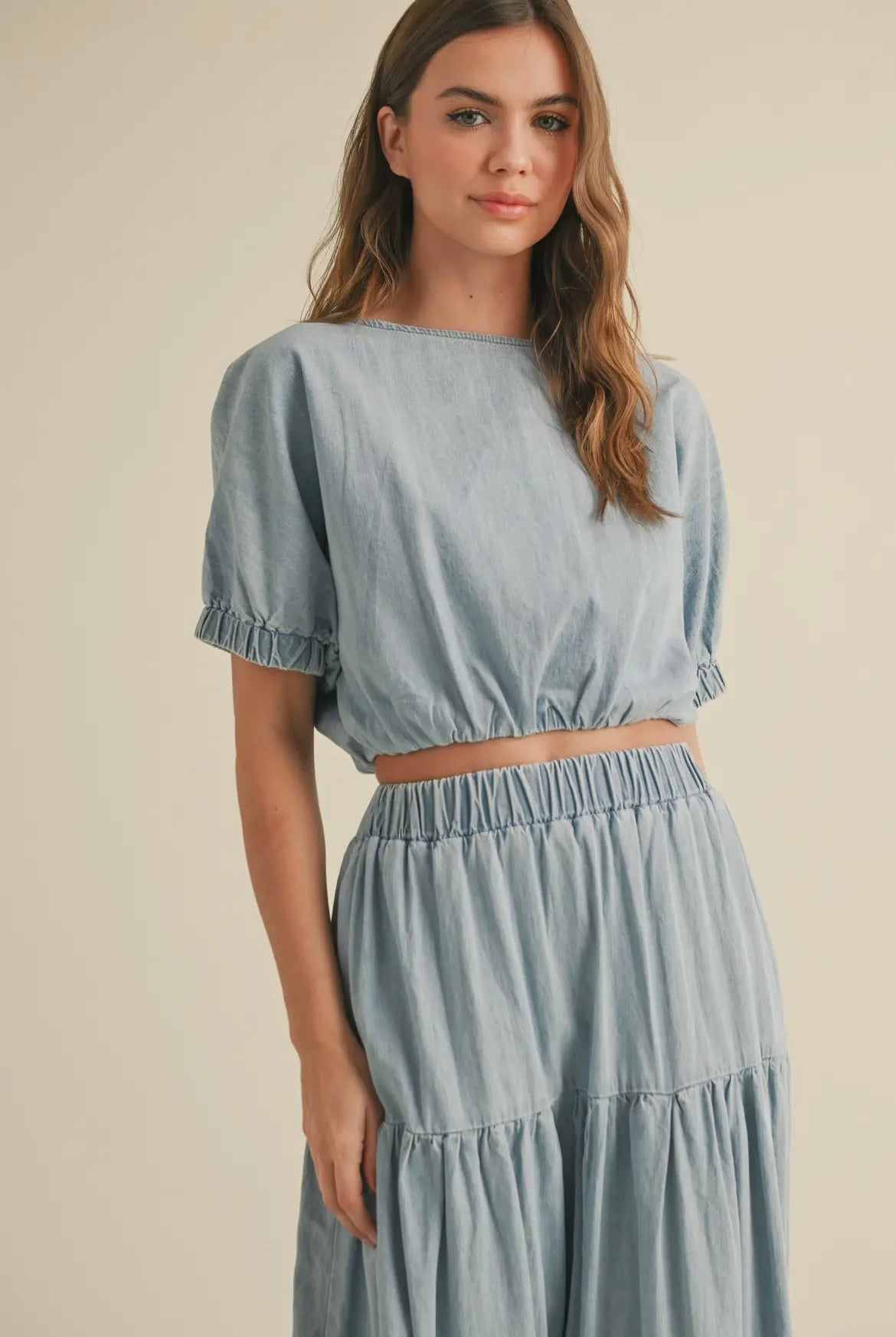 Short Sleeve Cropped Denim Top and Tiered skirt set