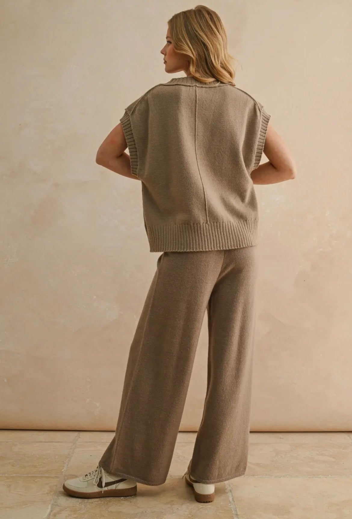 V-Neck Sleeveless
Sweater Pullover and Wide Leg Sweater Pants Set