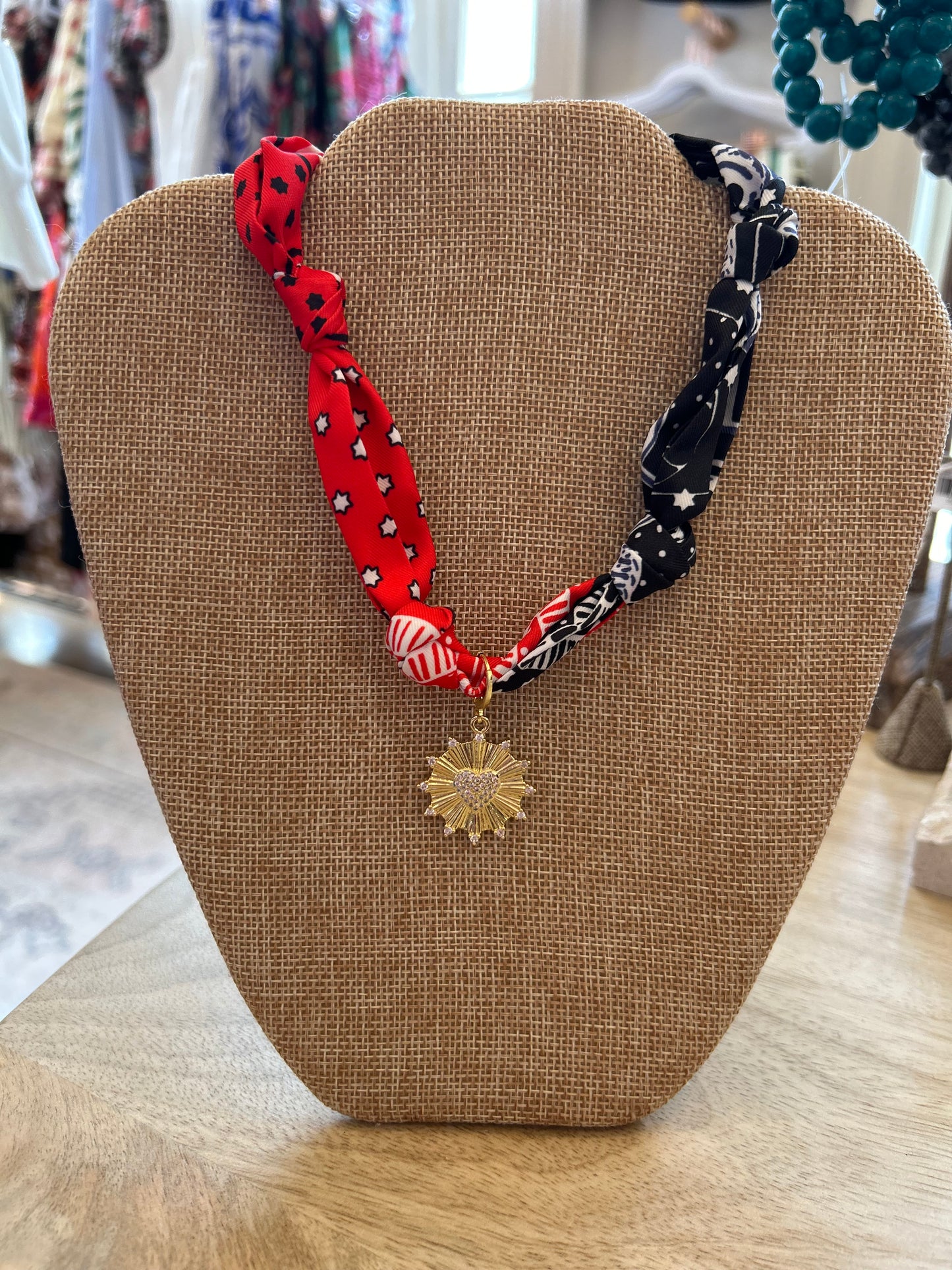 Black + Red Scarf Necklace with Sunny Heart