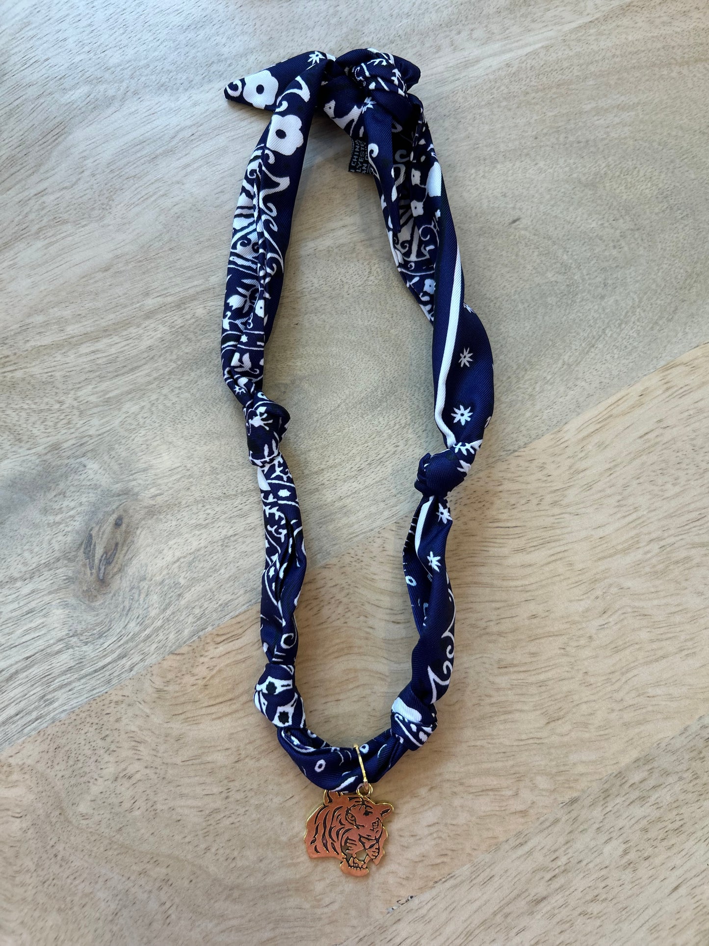 Knotted Navy Bandana Scarf with Tiger Charm