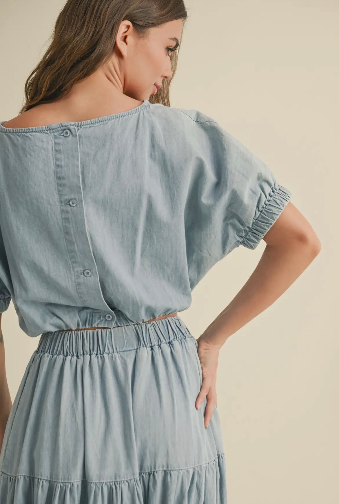 Short Sleeve Cropped Denim Top and Tiered skirt set