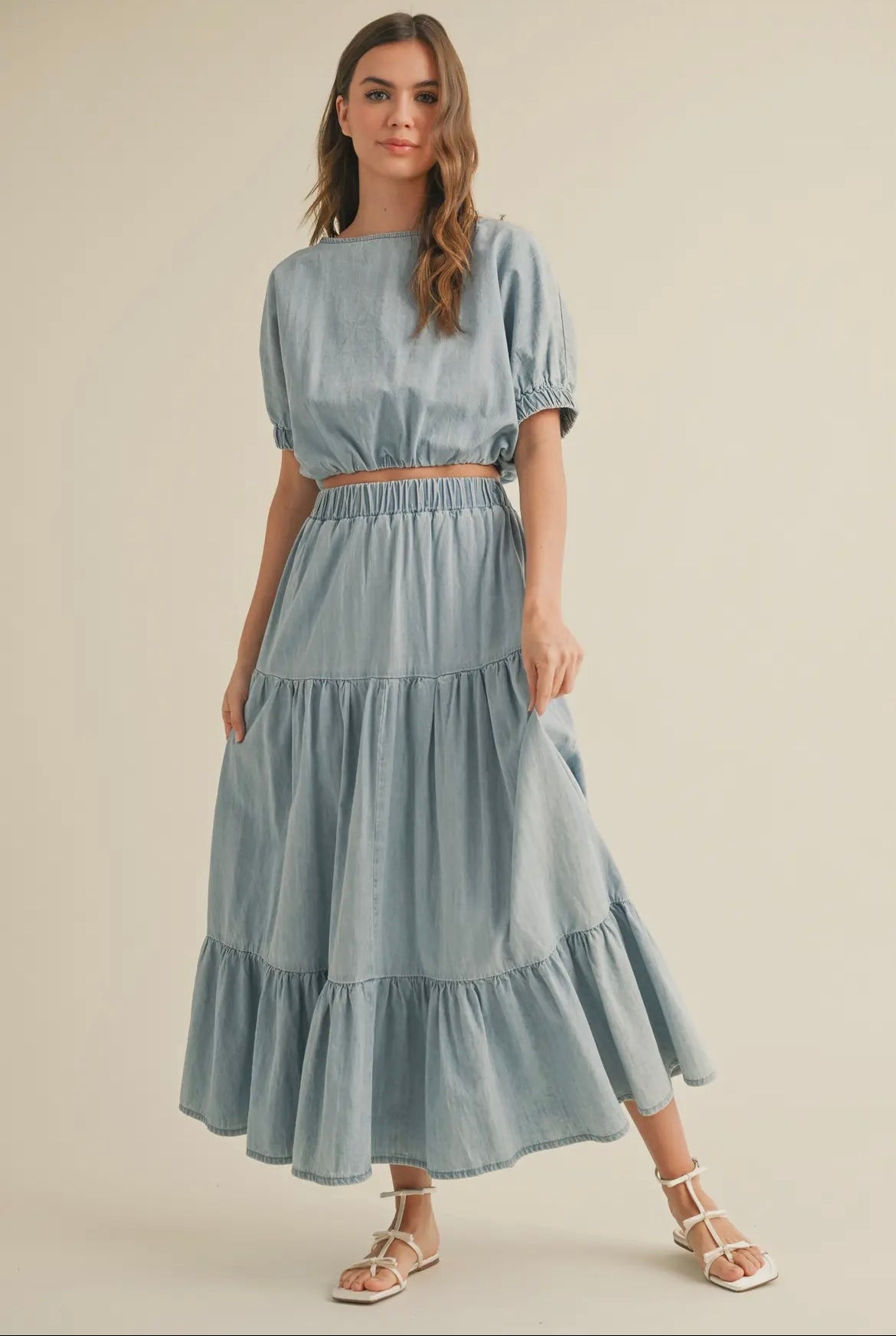 Short Sleeve Cropped Denim Top and Tiered skirt set
