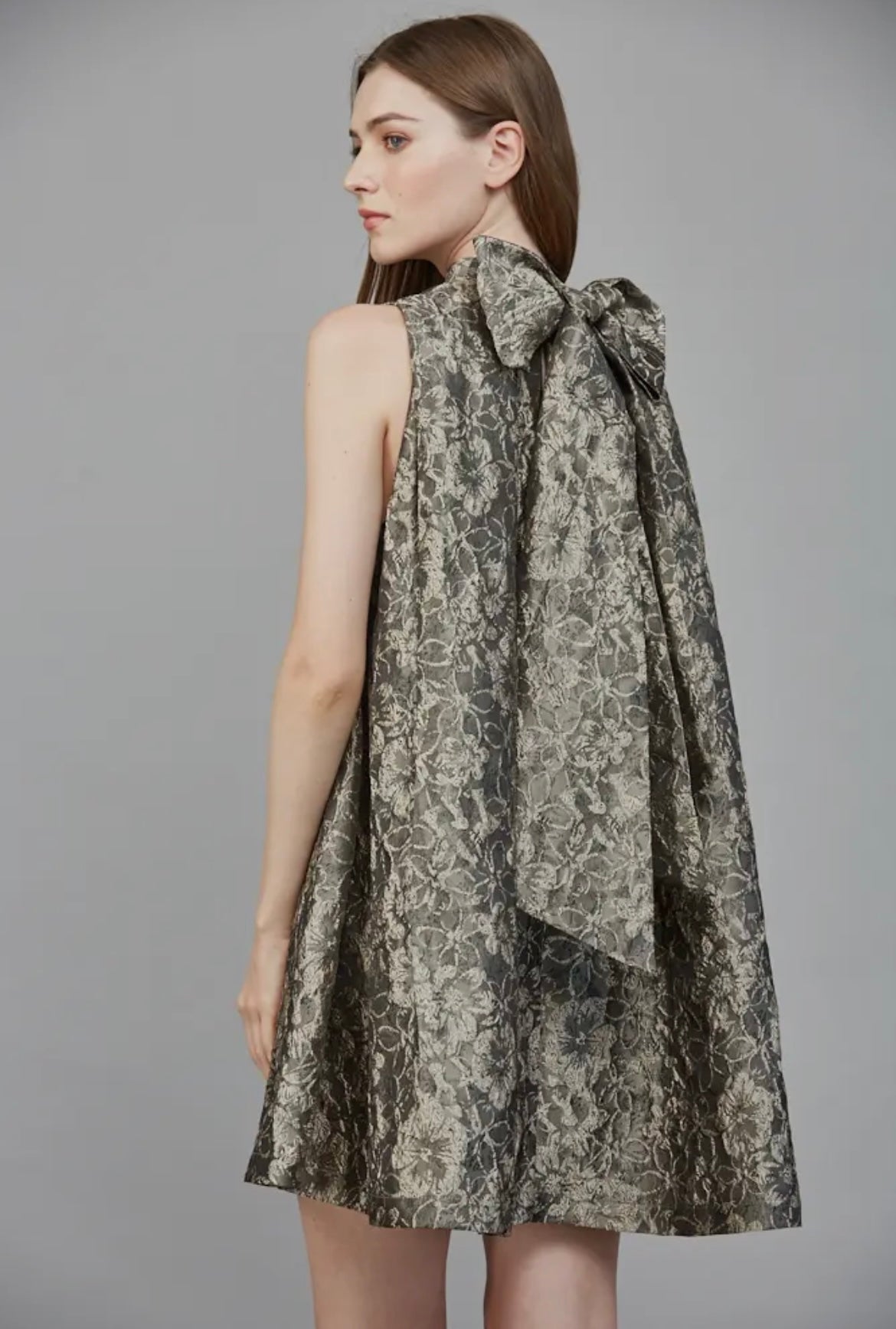 Floral Jacquard High Neck Bow Tie Back Detail Dress