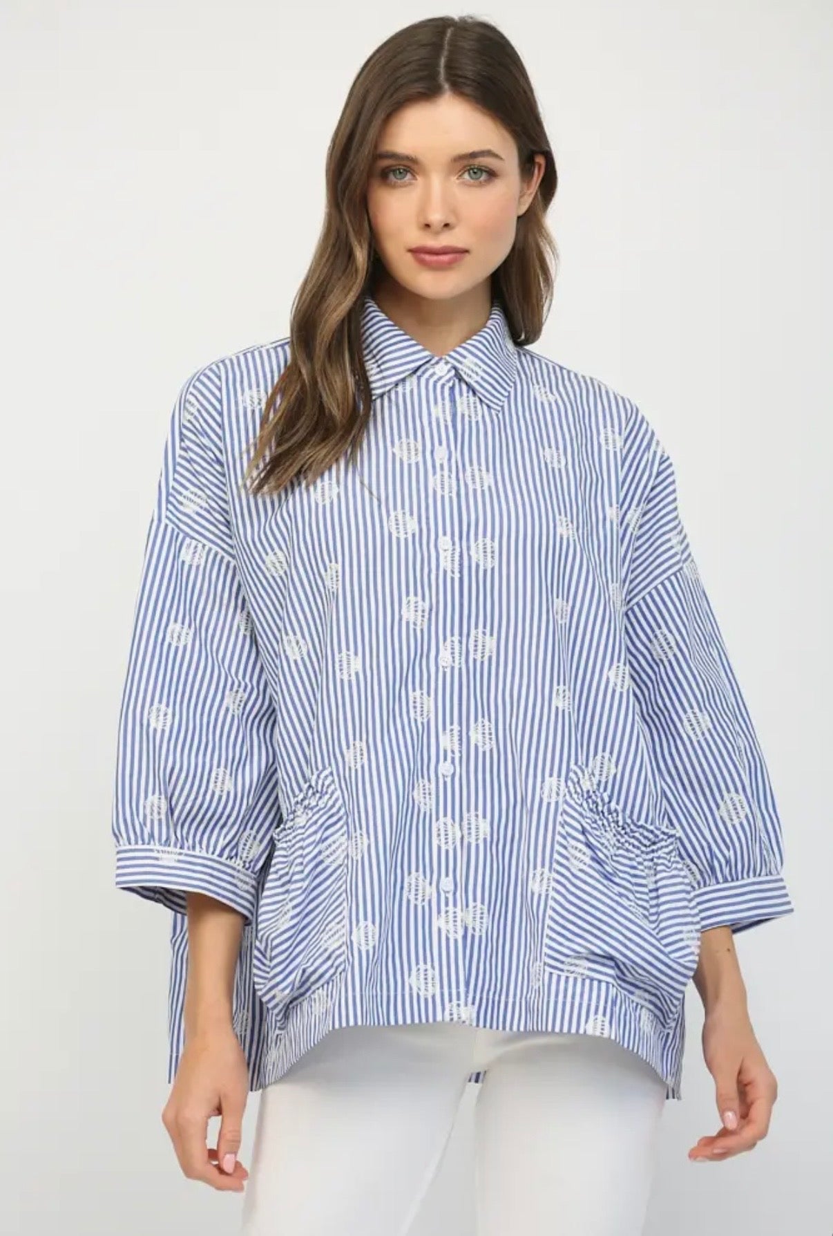 Stripe + Shell Embroidery Button
Down Blouse