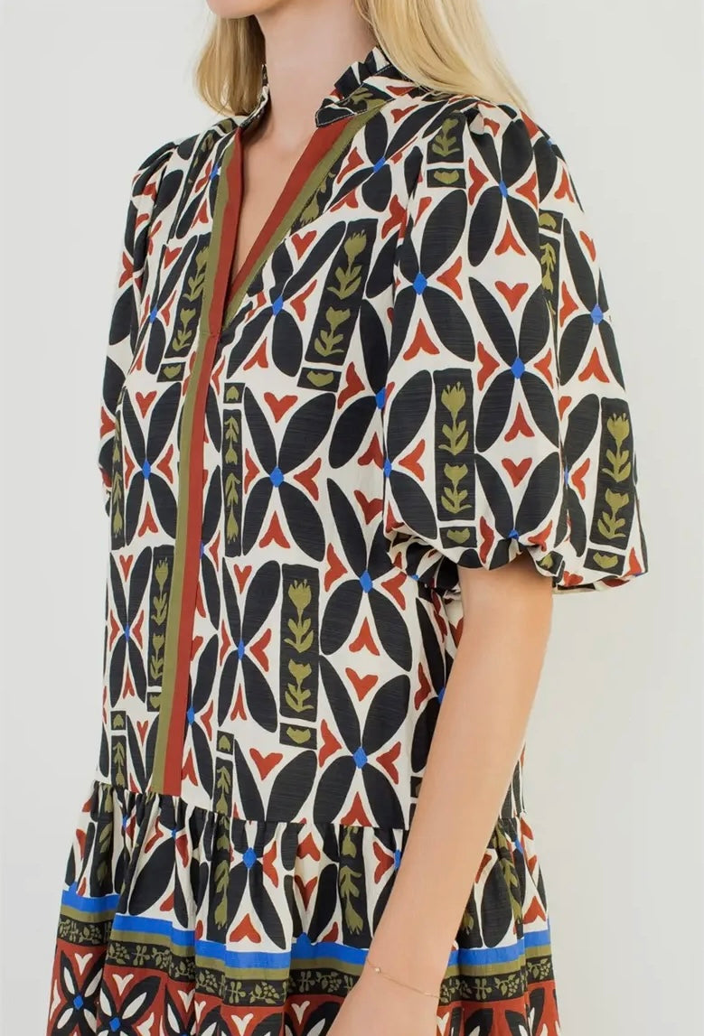 V-neck dress with puff sleeves