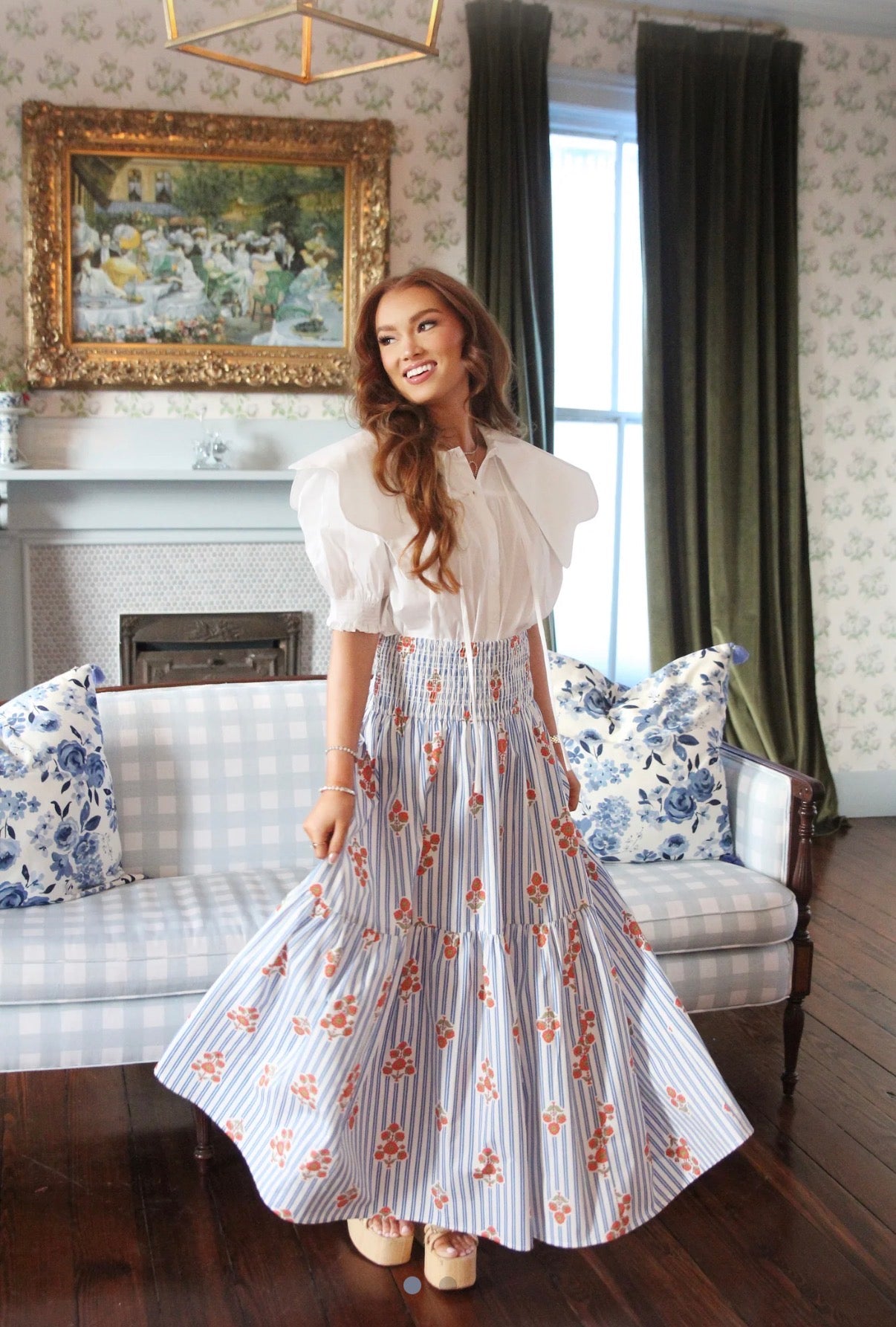 Stripe Floral Smock Maxi Skirt