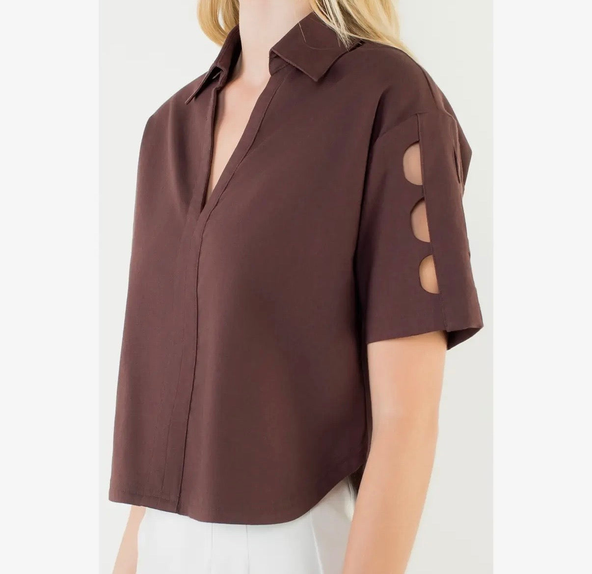 Brown Short Sleeve V-Neck Cutout Top