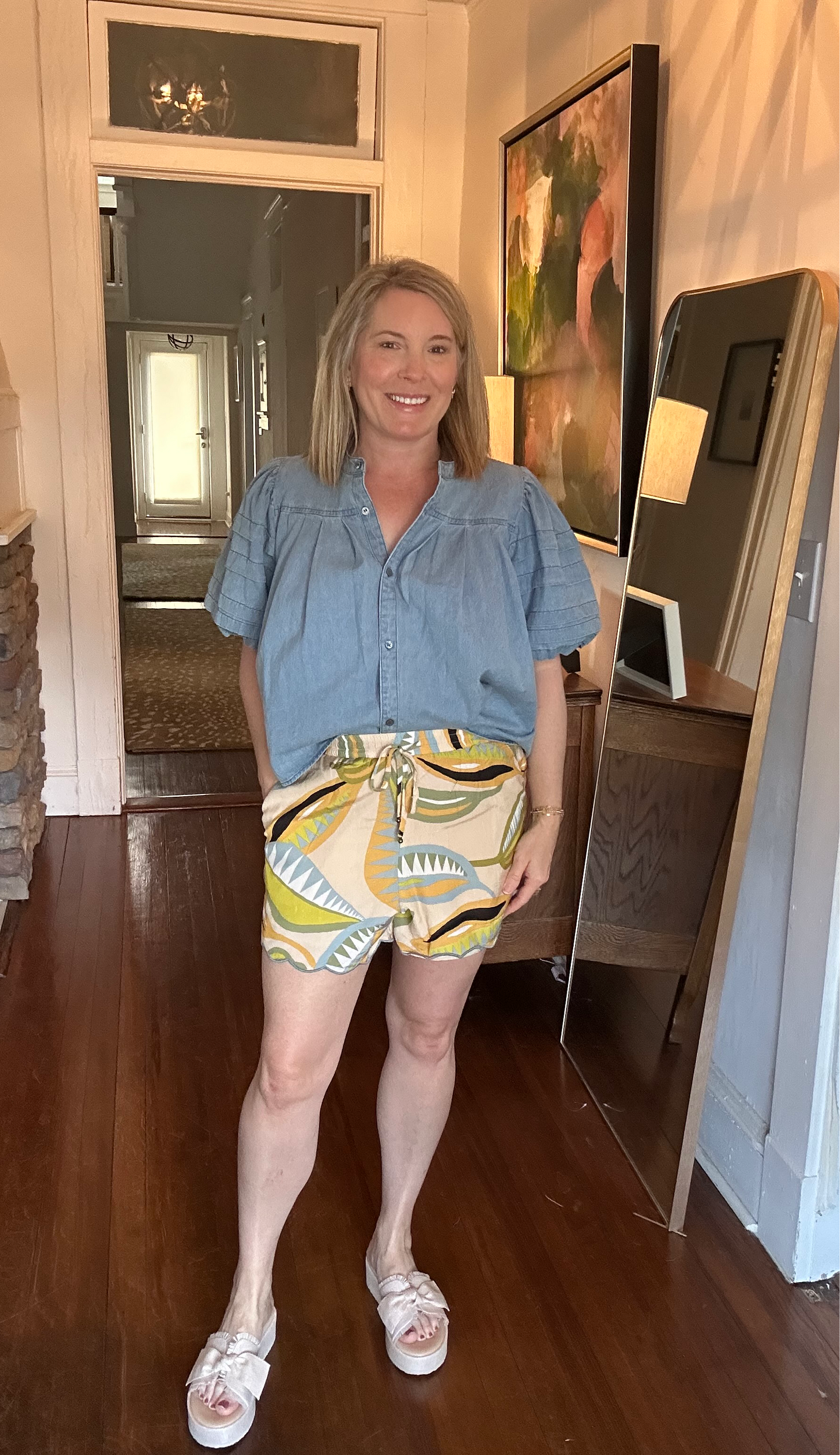 Abstract Leaf Scallop Shorts with pockets and elastic waistband by Karlie.