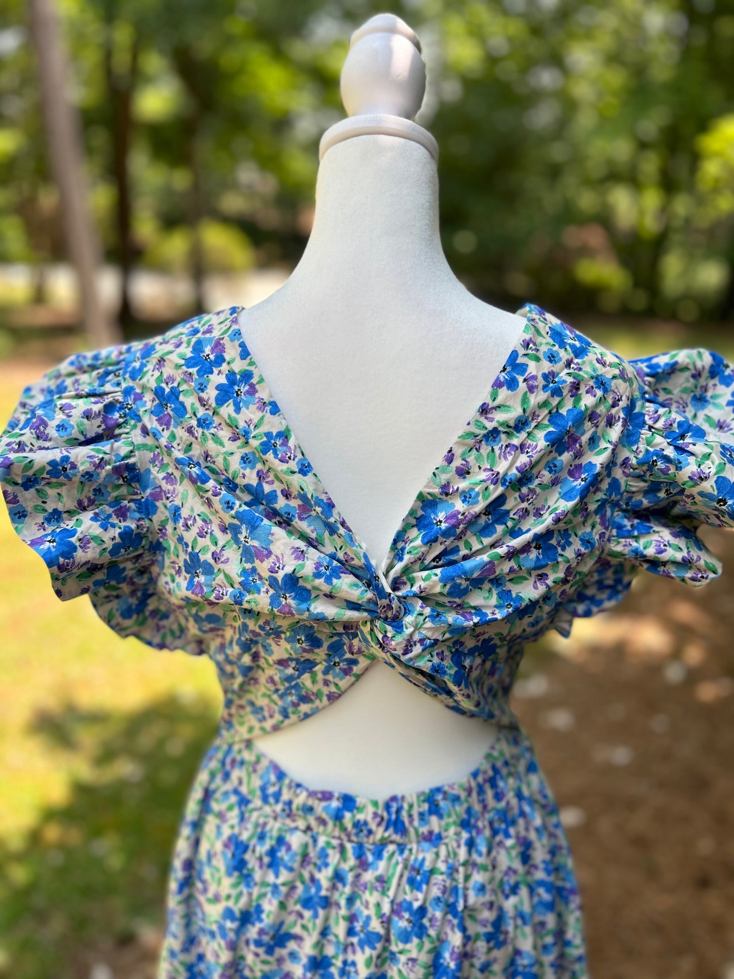 Open back detail on the blue floral dress