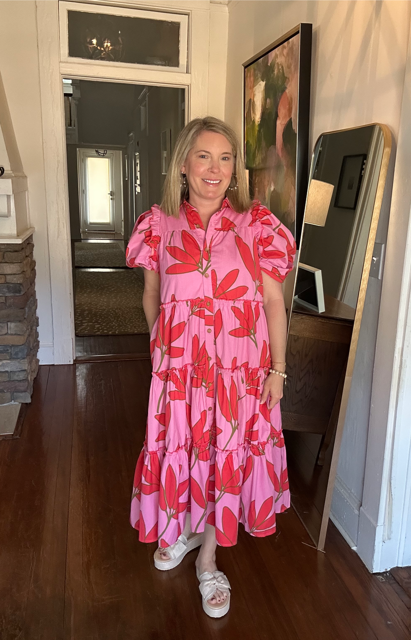 Palm Floral Tier Midi Dress by Karlie in pink and red