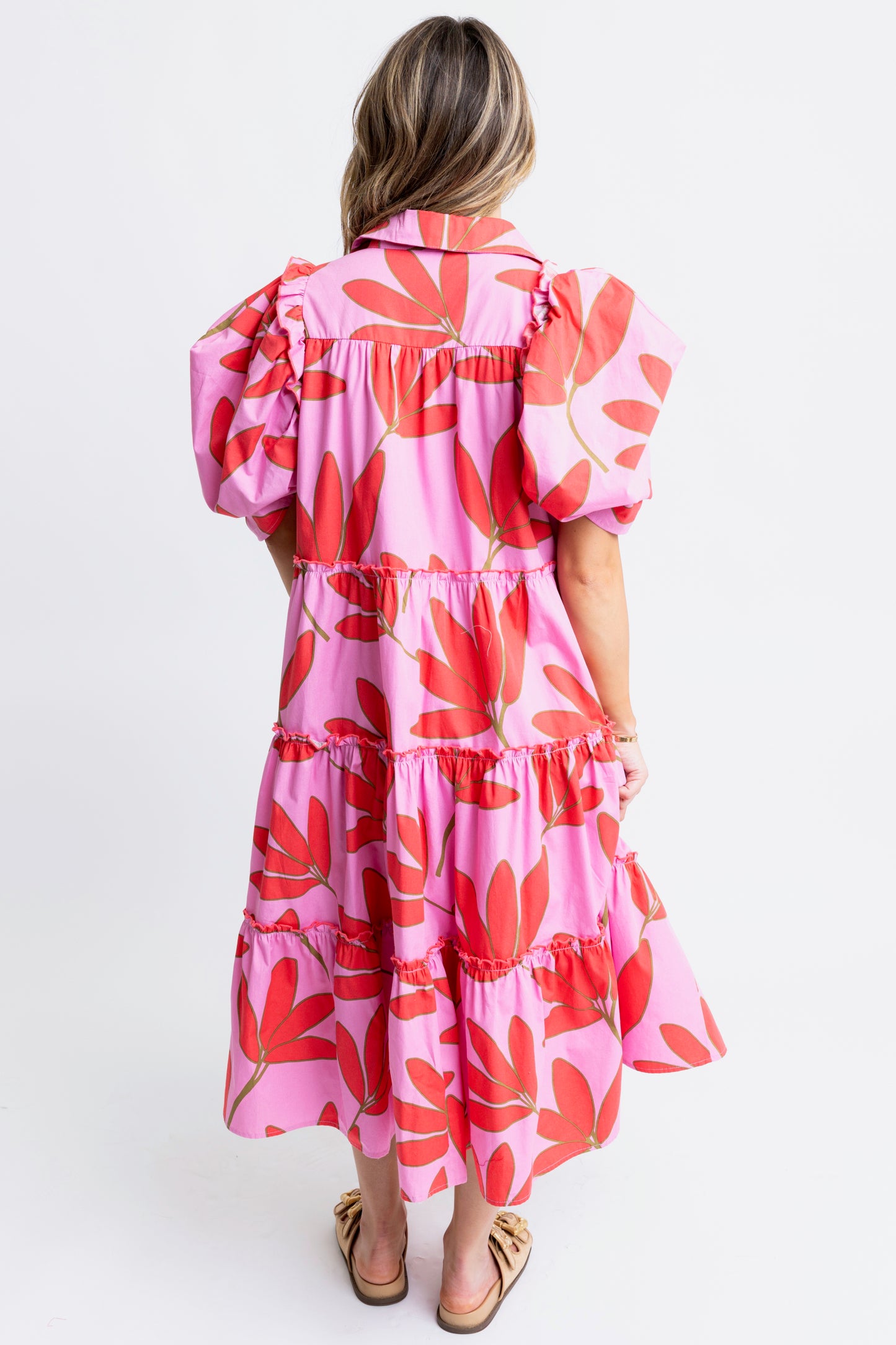 Pink and red palm floral print midi dress by Karlie