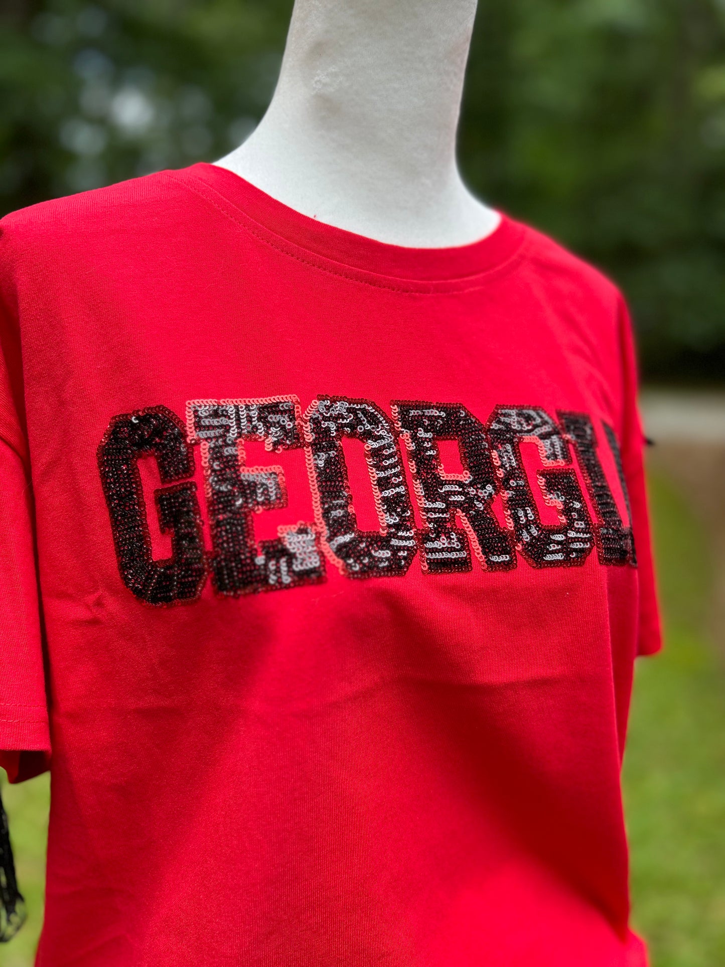 Sequin Gameday shirt with fringe, sequin sleeves.