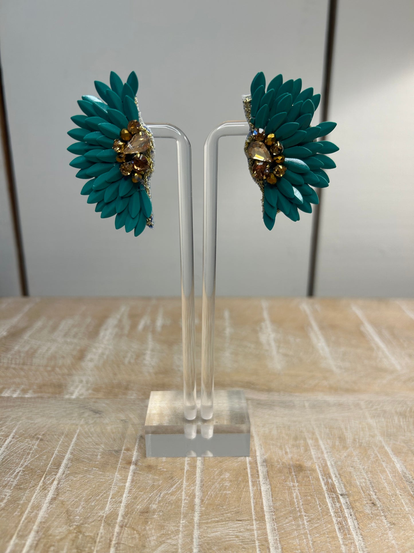 Sequin green and gold wing earrings