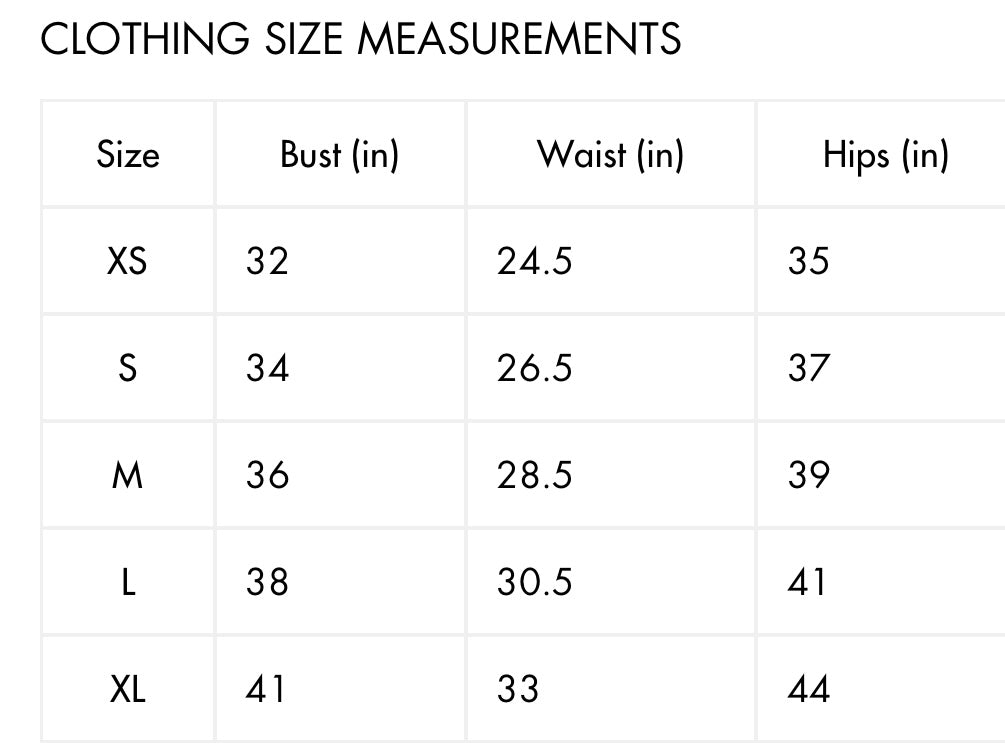 Size Chart for English Factory