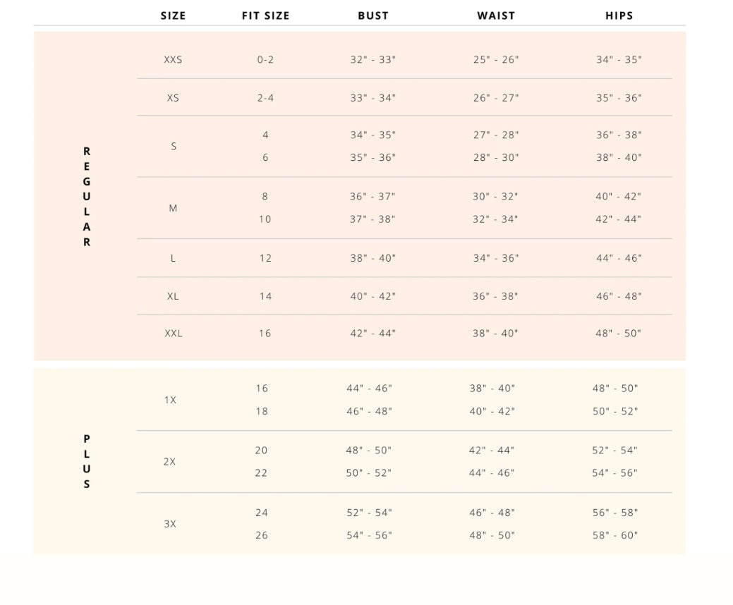 Skies are Blue sizing chart for apparel