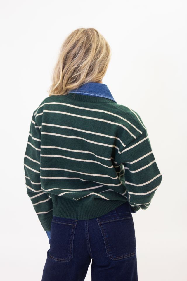 Stripe Varsity Denim Collar Sweater