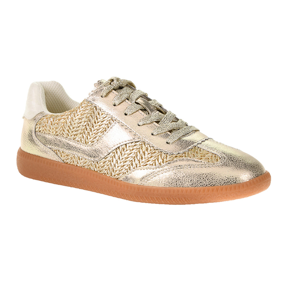 gold, low-top, lace up sneakers