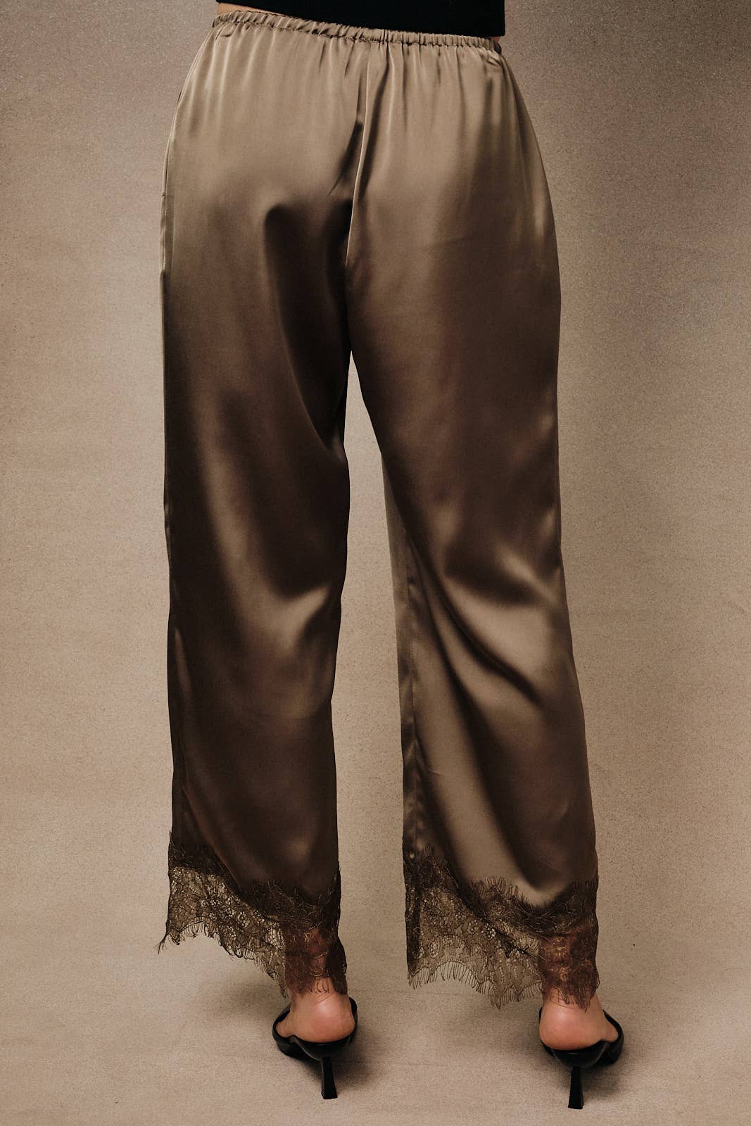 High Waist Satin Drawstring Lace Applique Hem Wide Pants
