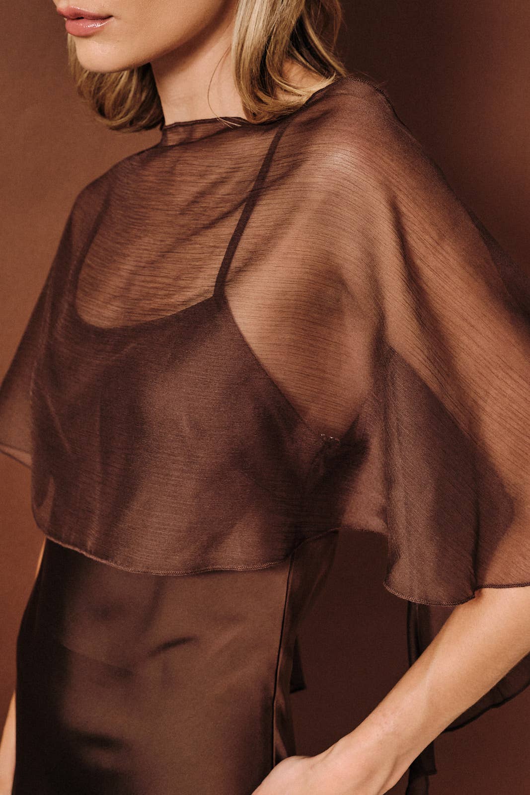 Sheer Chiffon Cape Overlay Satin Boat Neck Slip Midi Dress