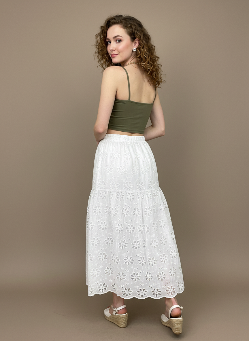 Eyelet Tiered Midi Skirt