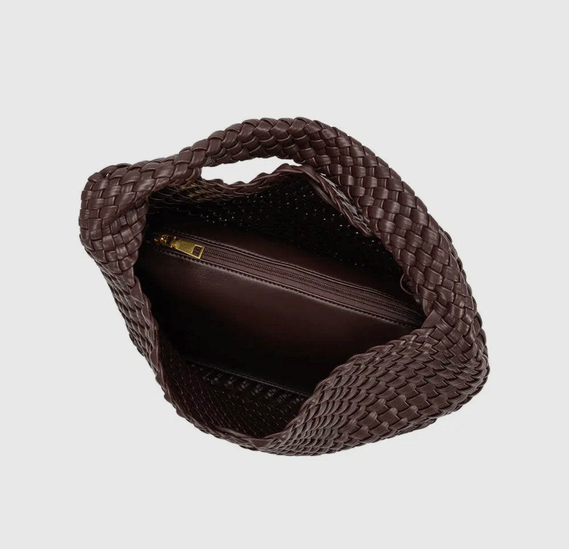 woven dark brown leather bag