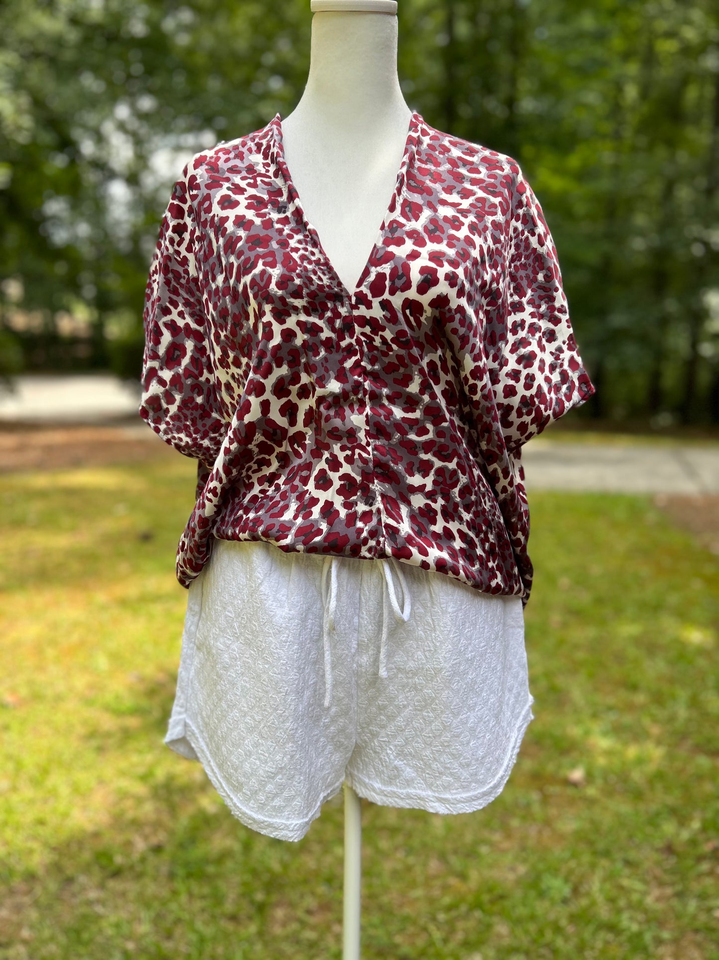 Maroon + white + grey Leopard print top