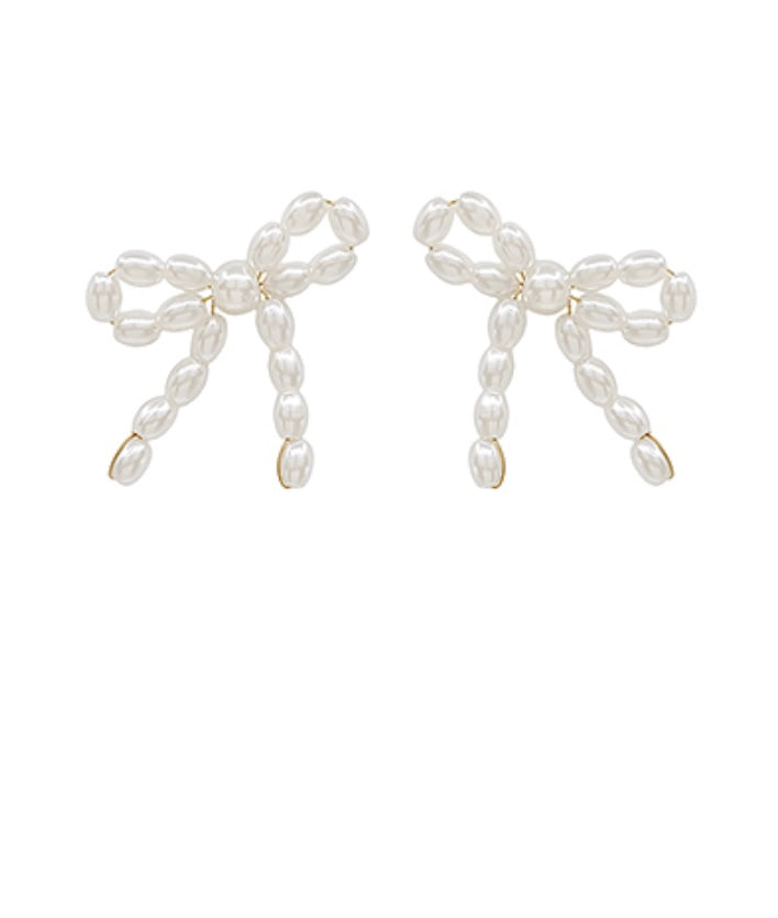 Rice Pearl Bow Stud Earrings