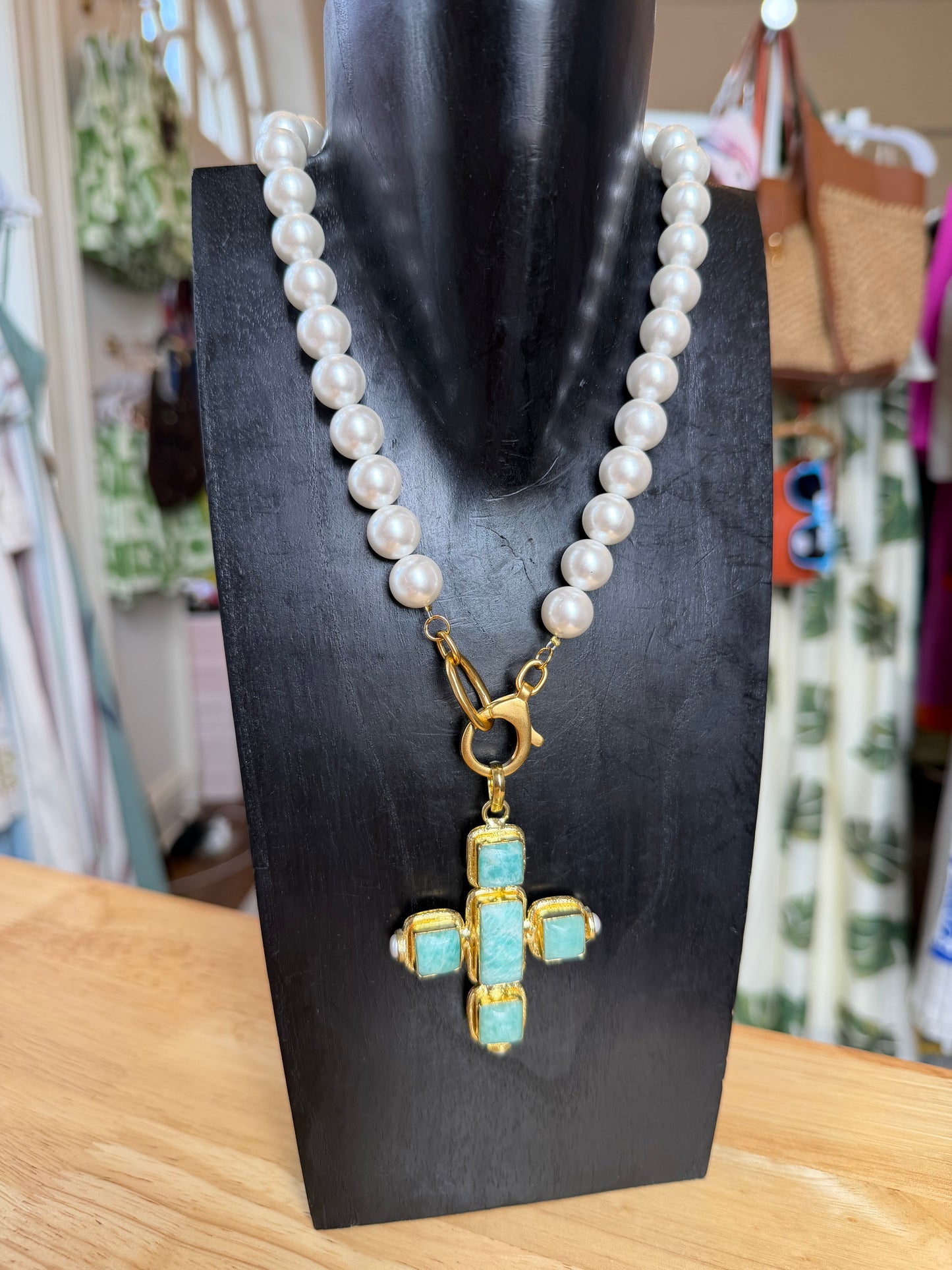Pearl and Amazonite cross pendant necklace
