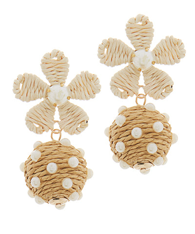 Linked Raffia Ball & Flower Earrings