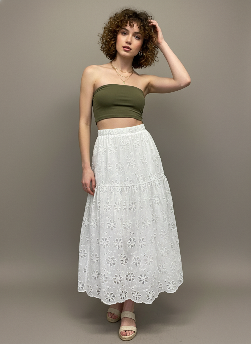 Eyelet Tiered Midi Skirt