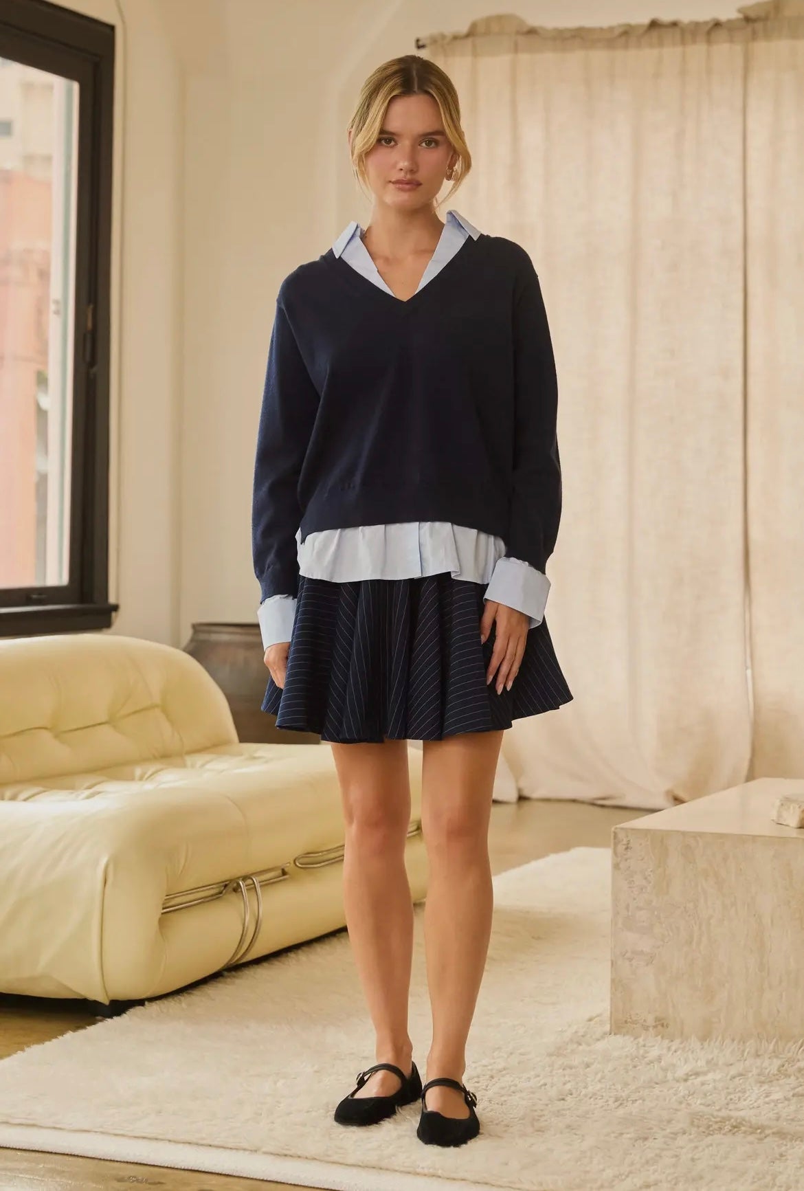Layered Look V-Neck Mixed
Media Sweater