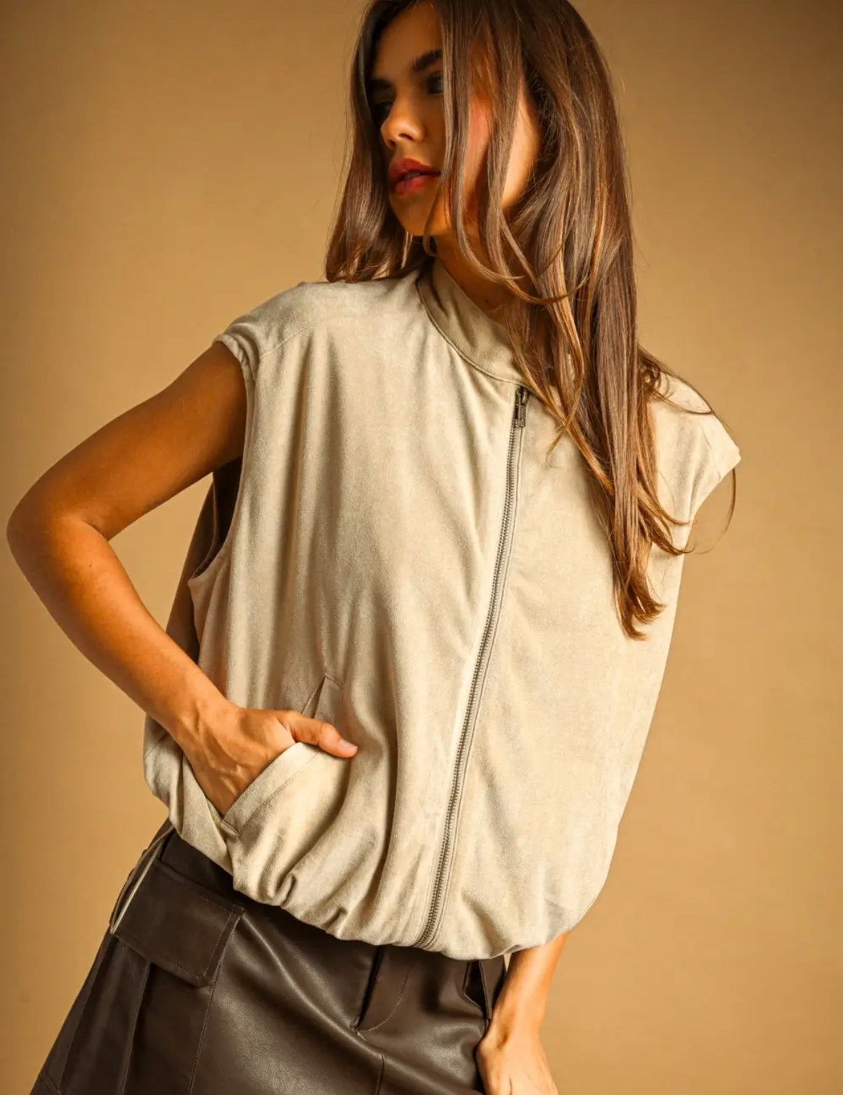 Suede Zipper Front Vest Jacket