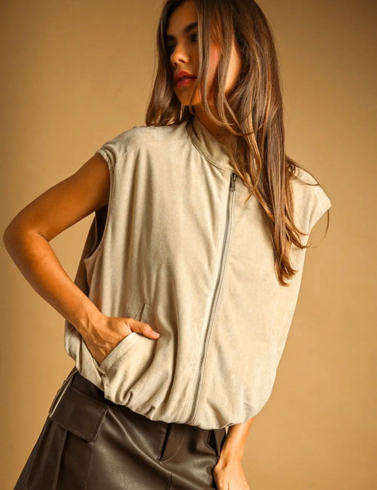 Suede Zipper Front Vest Jacket