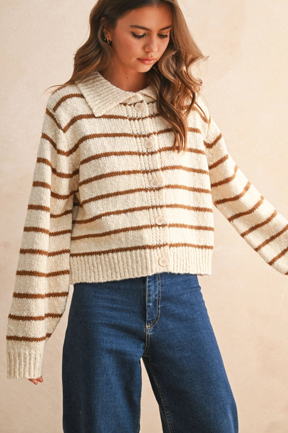 Button-down striped knitted cardigan