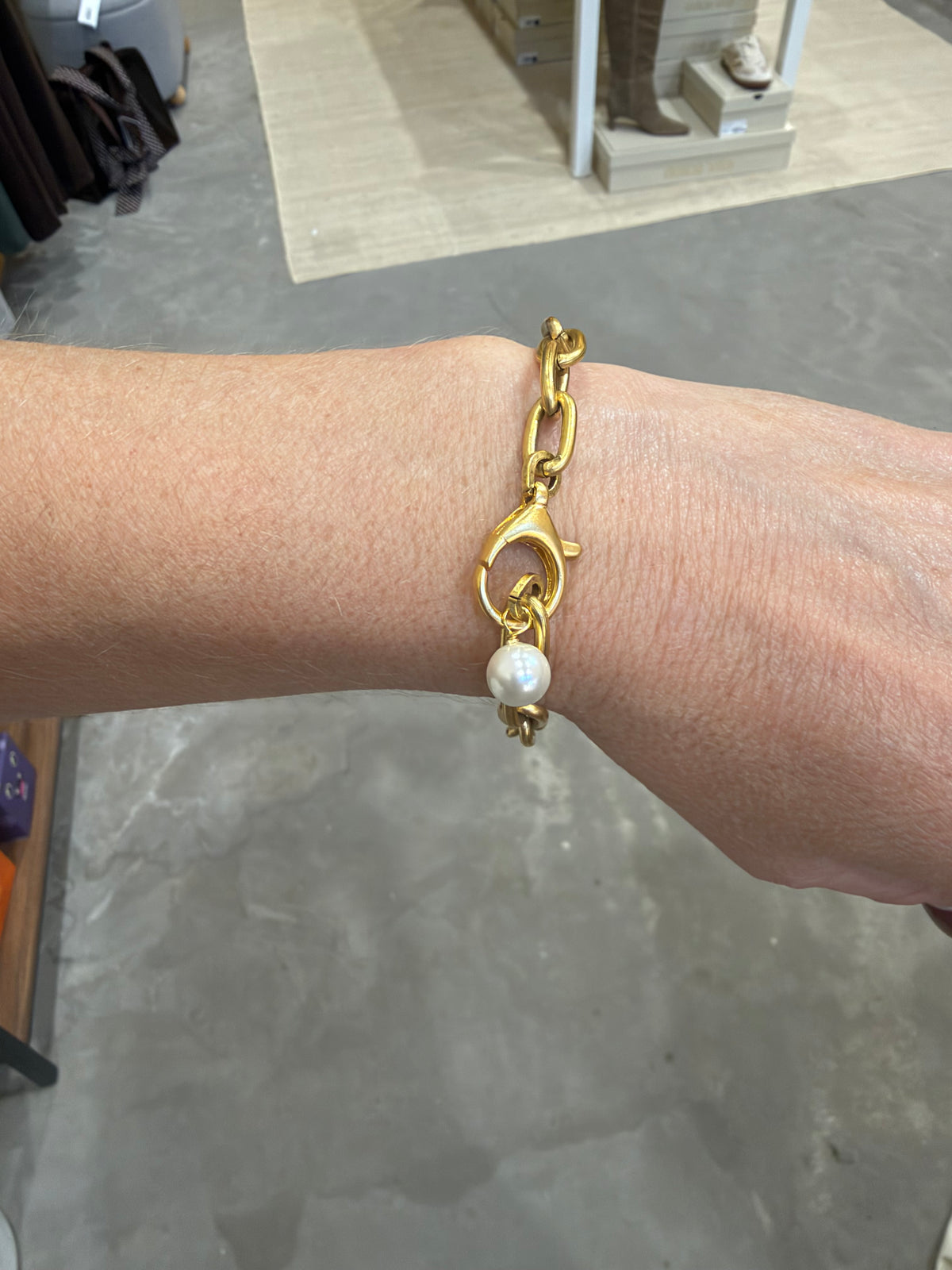 Gold Link Pearl Charm Bracelet
