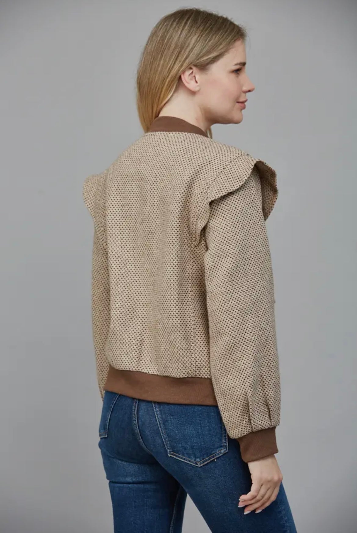 Perforated Pattern Ruffle Detail
Bomber Jacket