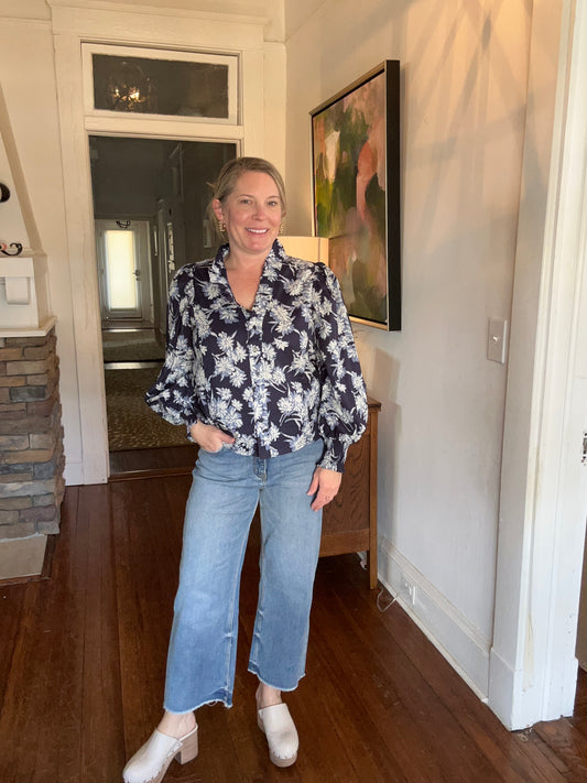 Blue and White floral button up