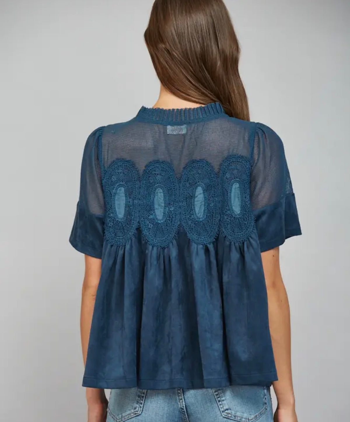 Sheer Mesh Upper Panel with Lace Applique Faux Suede Top (Two Colors!)