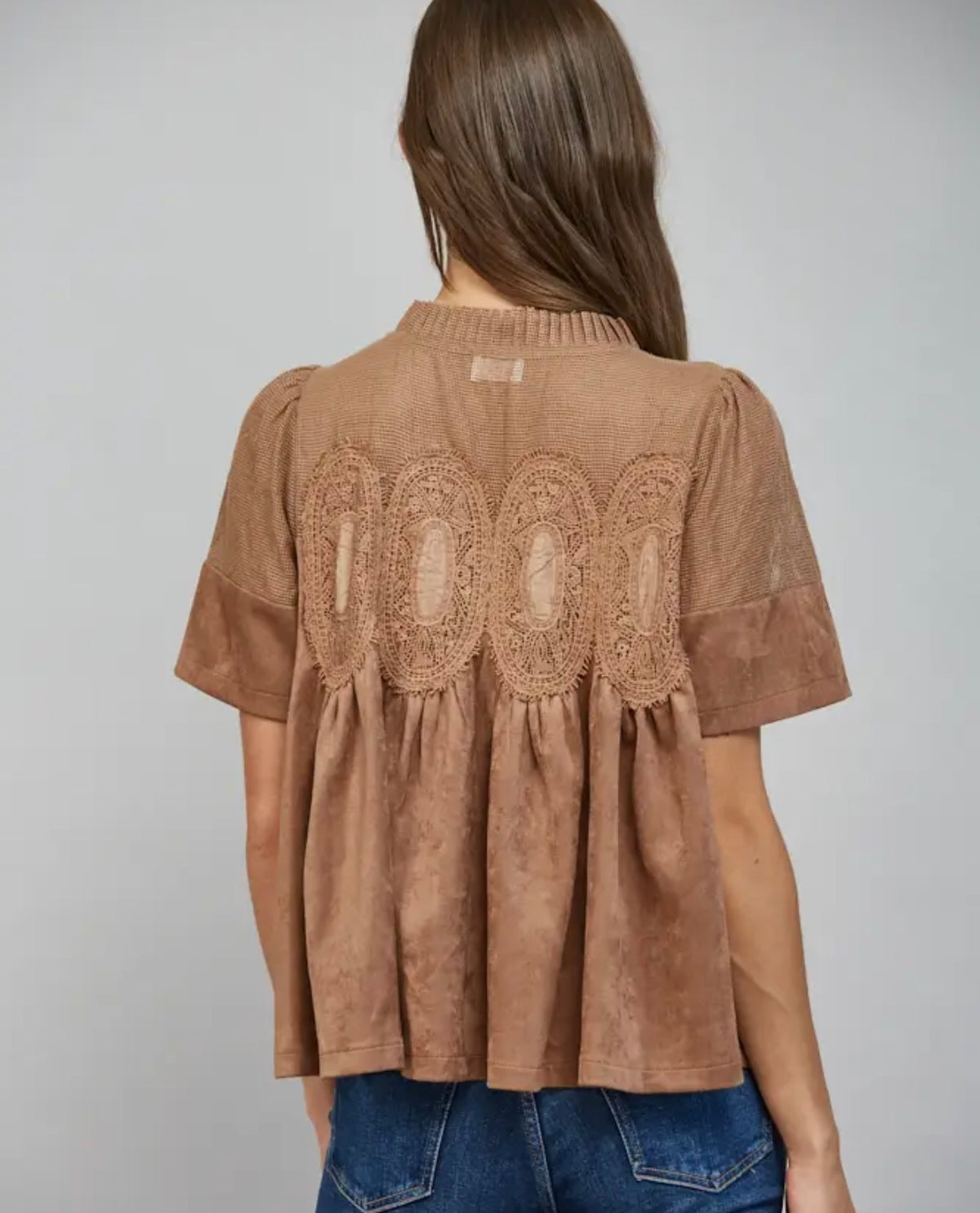 Sheer Mesh Upper Panel with Lace Applique Faux Suede Top (Two Colors!)