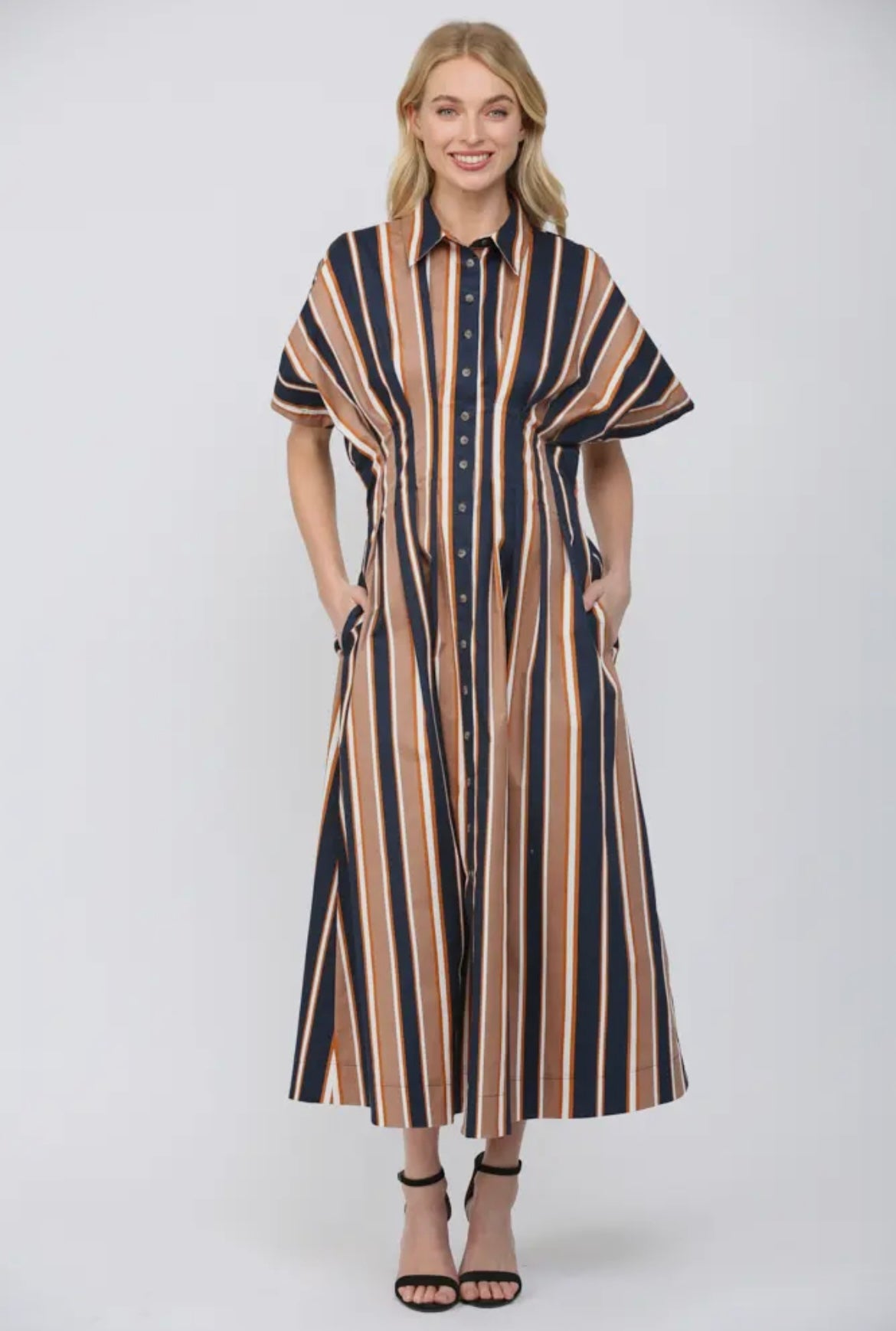 Stripe Print Cinched Waist Dolman
Sleeve Shirt Dress