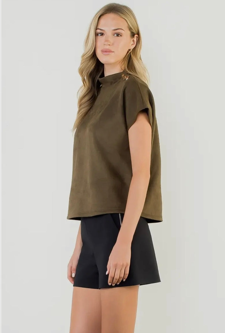 Button Detail Short Sleeve Suede Top