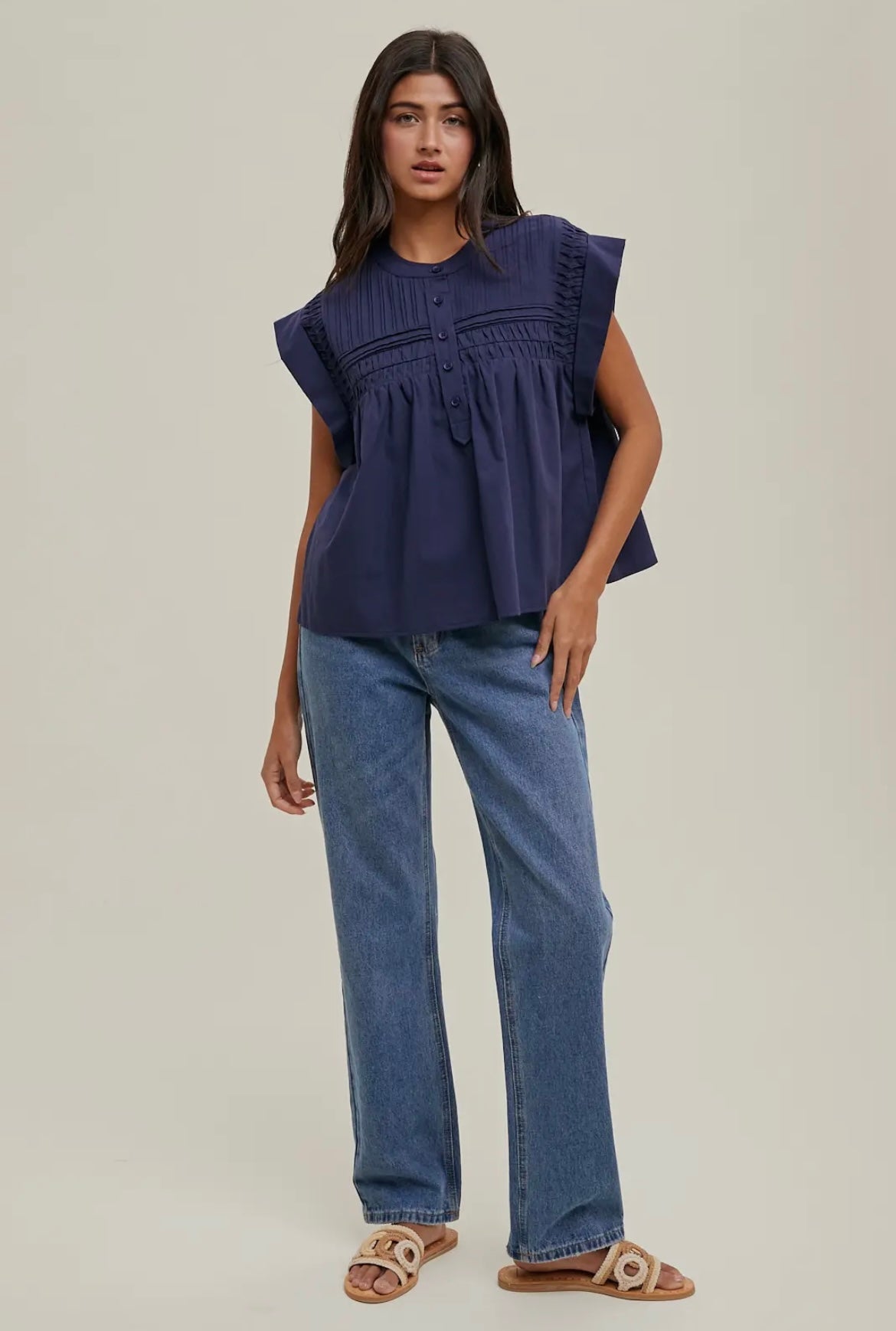 Pintucked Cap Sleeve Blouse