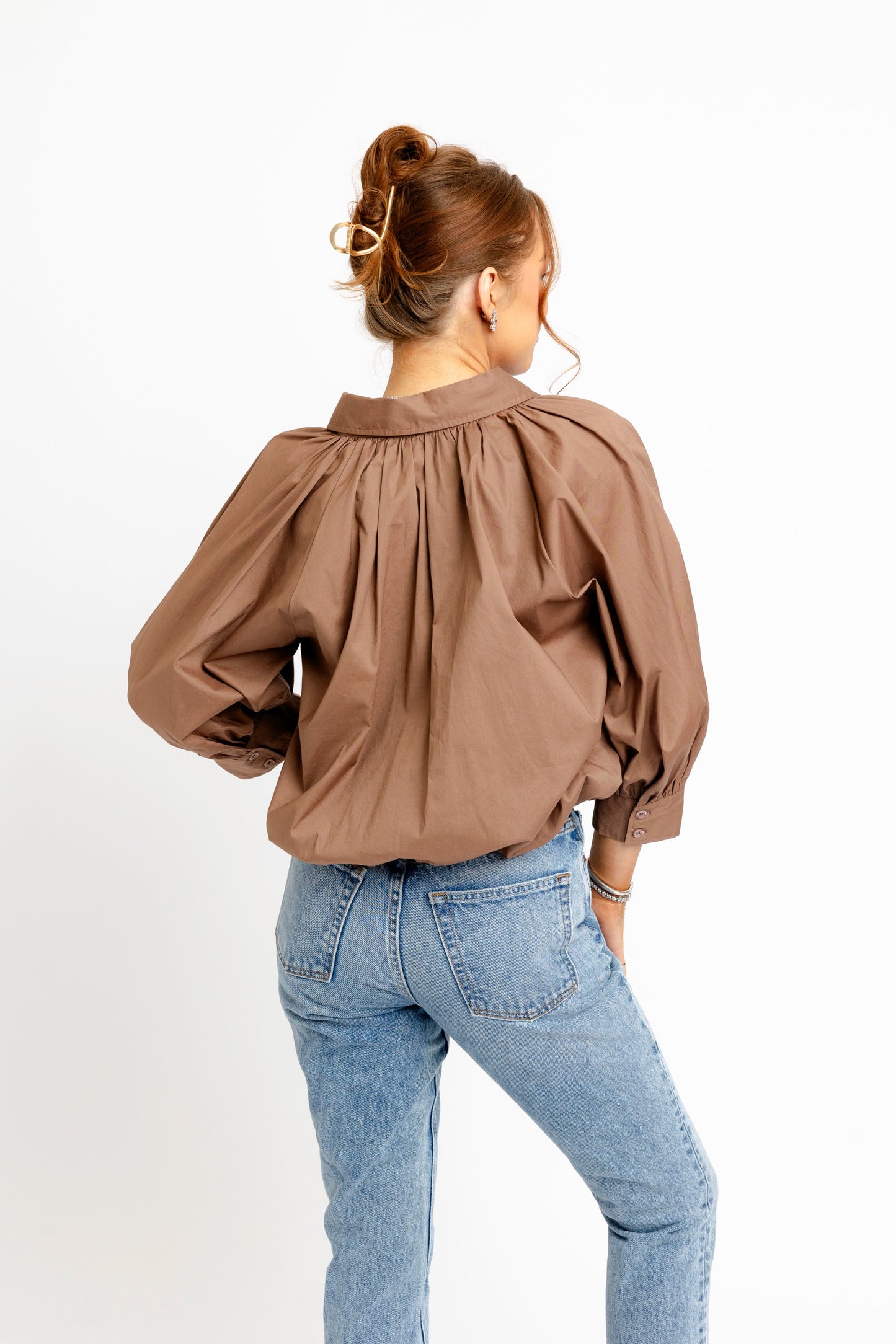 Solid Poplin 3/4 Sleeve Bubble Top