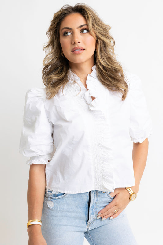 Solid Poplin Puff Sleeve Ruffle Top