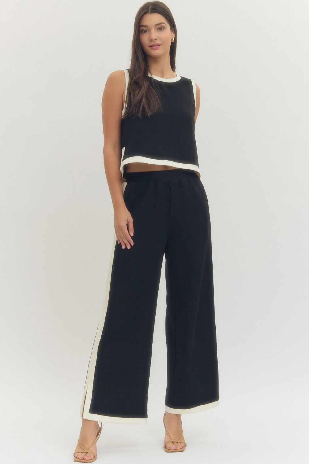 Sleeveless knit top and wide leg pant set