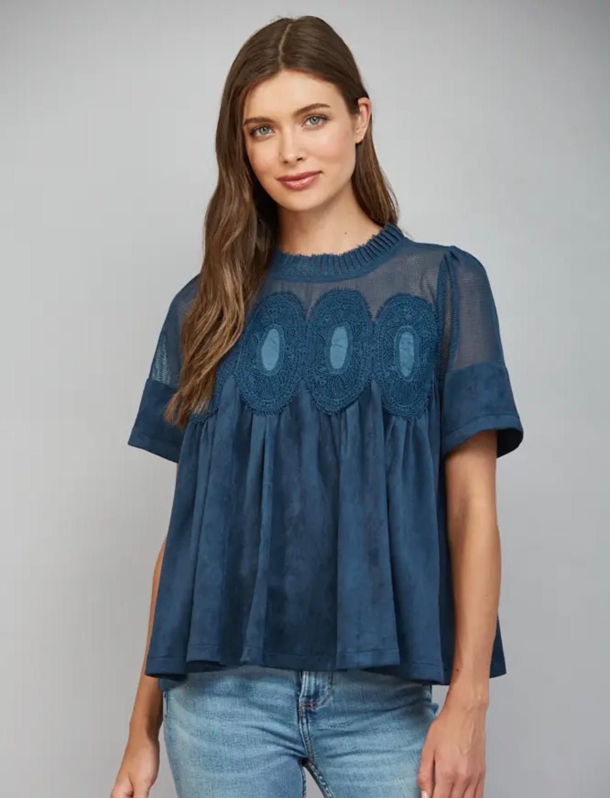 Sheer Mesh Upper Panel with Lace Applique Faux Suede Top (Two Colors!)