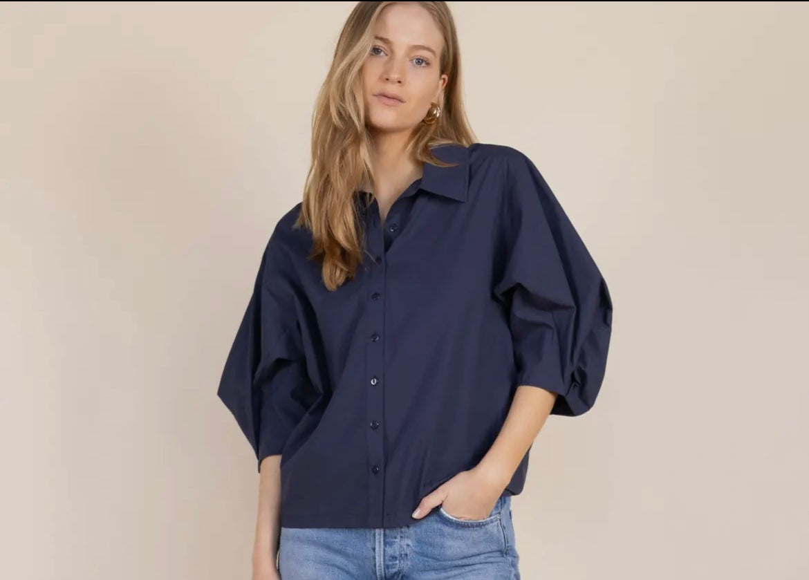 Poplin Bishop Sleeve Button Up Shirt