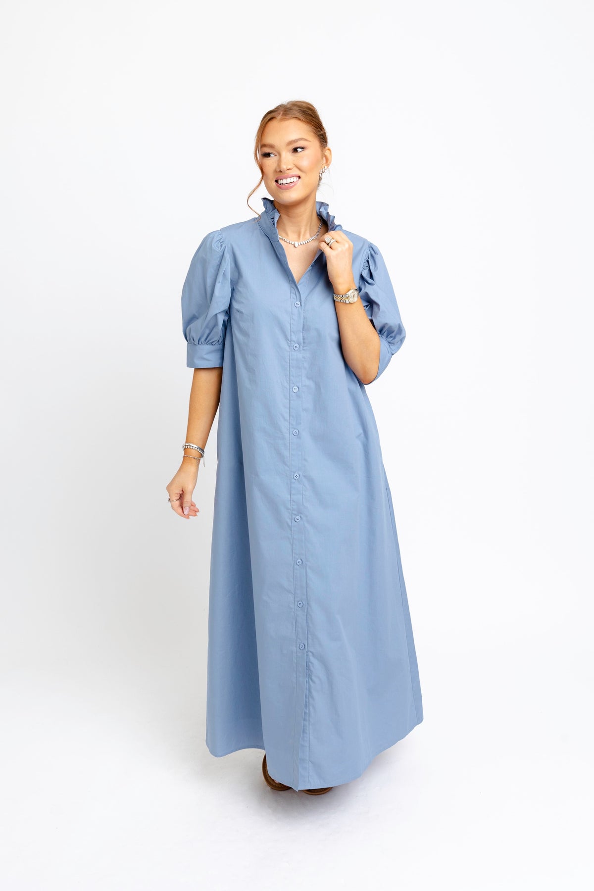 Solid Poplin Ruffle Neck Maxi Shirt Dress (Two Colors!)