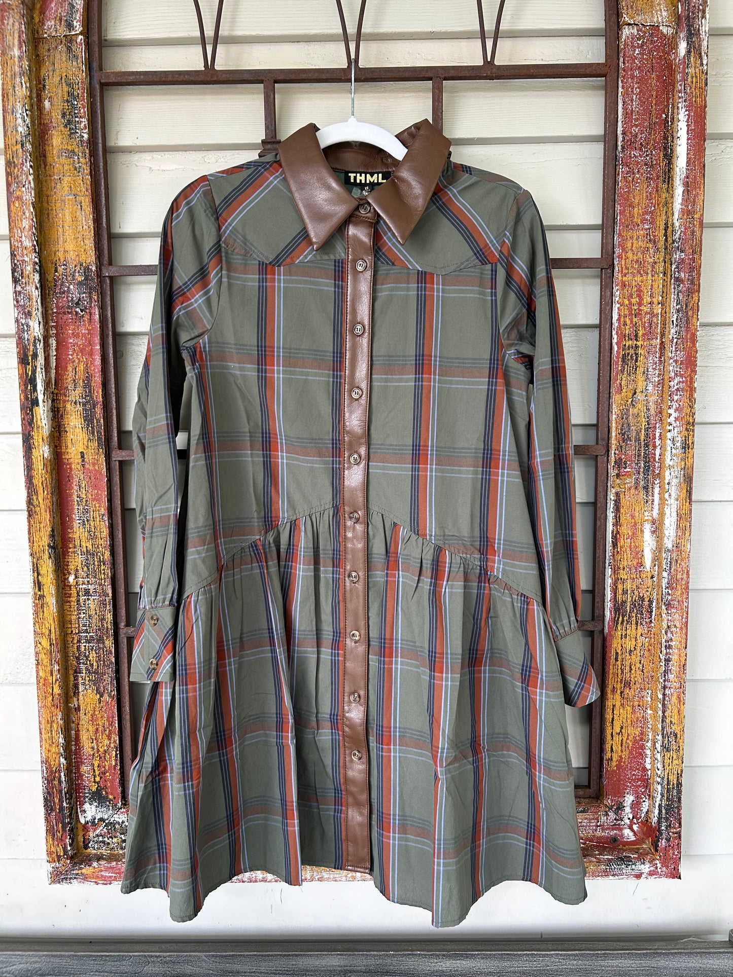 Leather Collar Plaid Dress