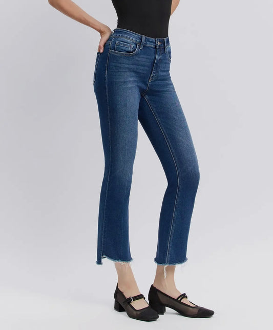 High Rise Raw Step Hem Kick Flare Jeans